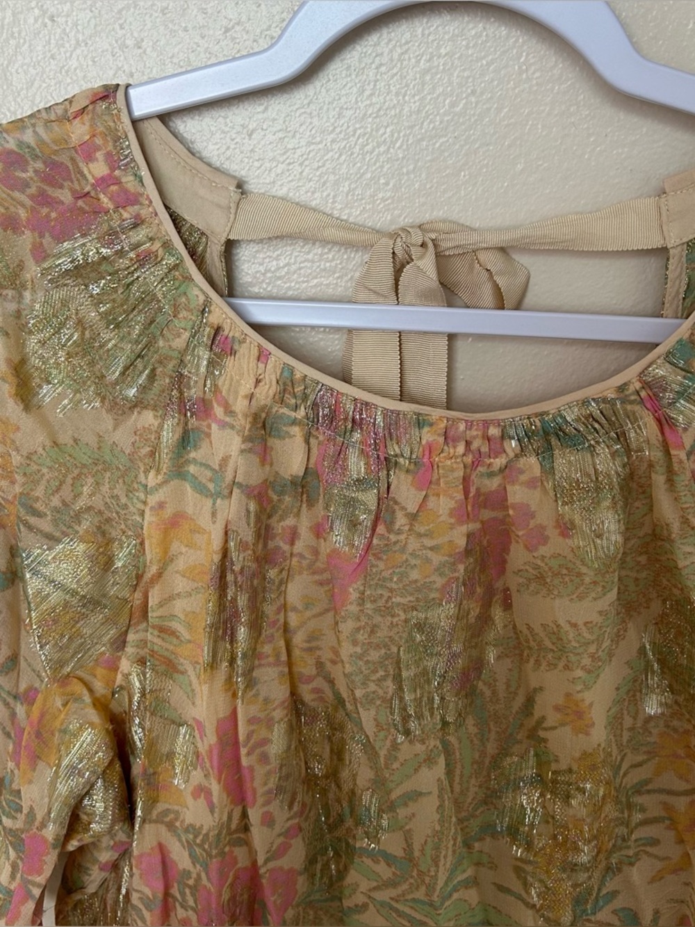 LOFT Ann Taylor Woven Floral Metallic Tie-Back Blouse Top - Picture 2 of 6
